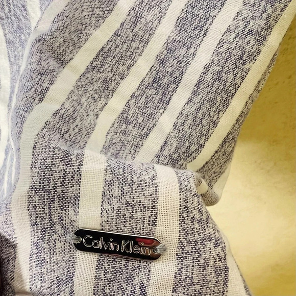 CALVIN KLEIN MEDIUM BOHO BEACH GREY WHITE STRIPPED BEACHY COASTAL INDIE BLOUSE - Picture 7 of 8